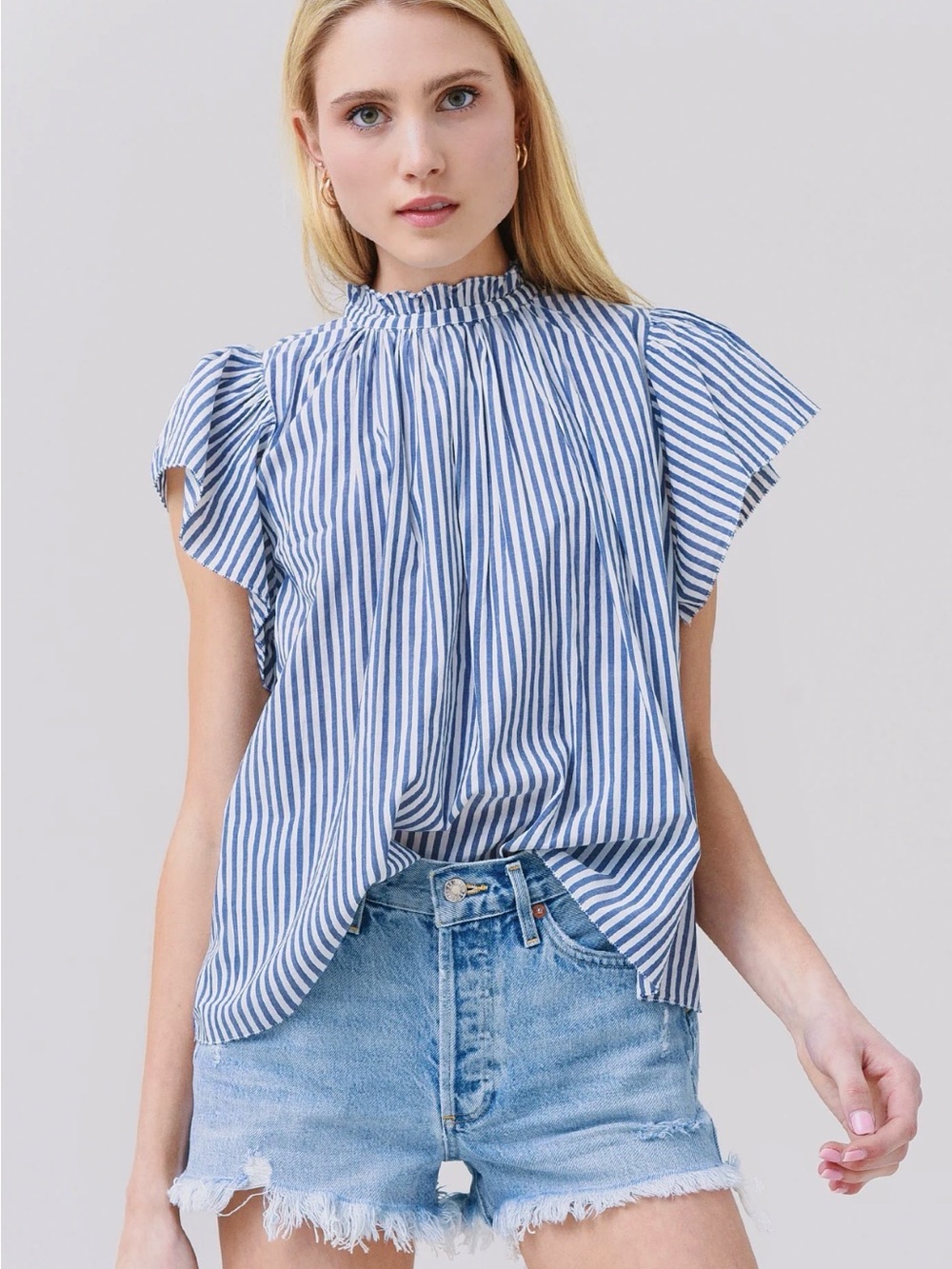 BNWT Trovata Bird of Paradis Carla Blue Stripe High Collar Blouse $228